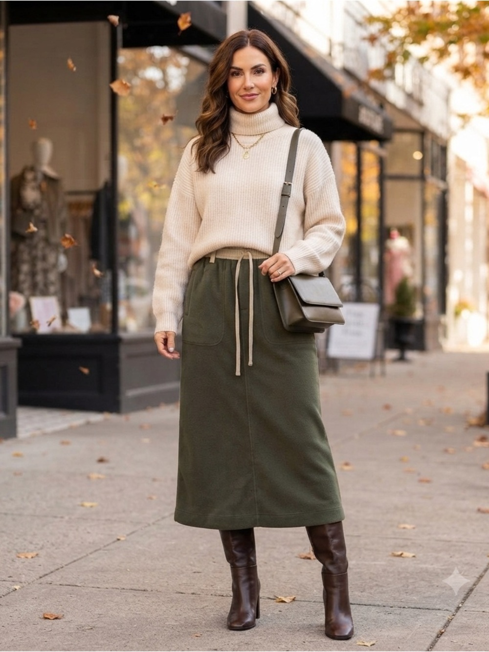 An Action A Day Women Olive Green Fleece Midi Skirt Drawstring Sz Large